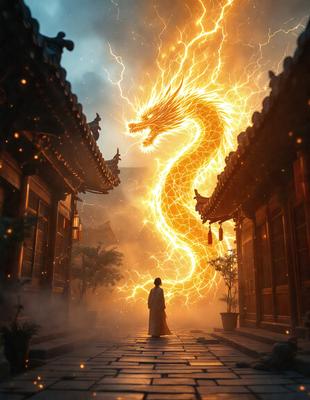 The primary subject of the image is a person, likely a woman, standing in front of a large, illuminated dragon. The setting appears to be an Asian-inspired environment, with the dragon and the person standing on a stone path. The visual style of the image is digital art, with the dragon and the person being the main focus of the scene. The colors and mood of the image are vibrant and dramatic, with the dragon's flames and the person's attire adding to the overall atmosphere.
